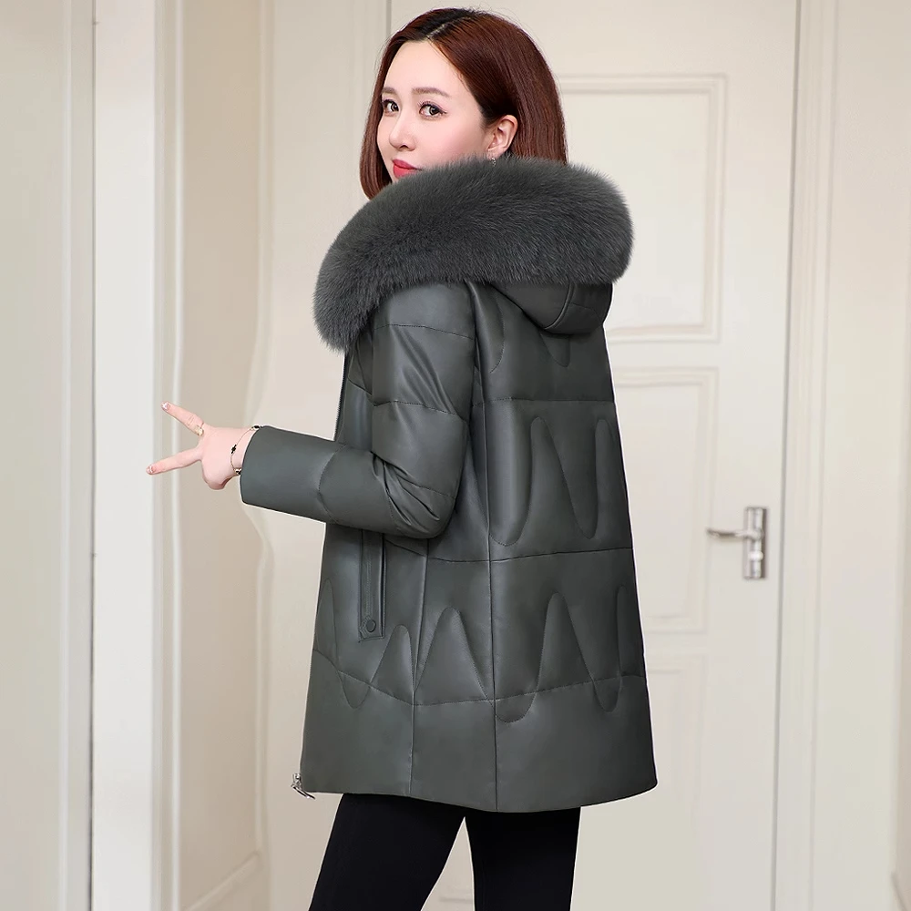 海宁真皮羽绒服女2025年冬季新款中长款绵羊皮皮衣妈妈装皮草外套