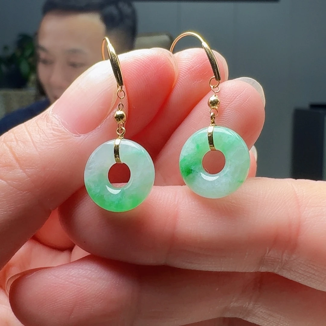 翡翠18K金镶嵌耳饰天然