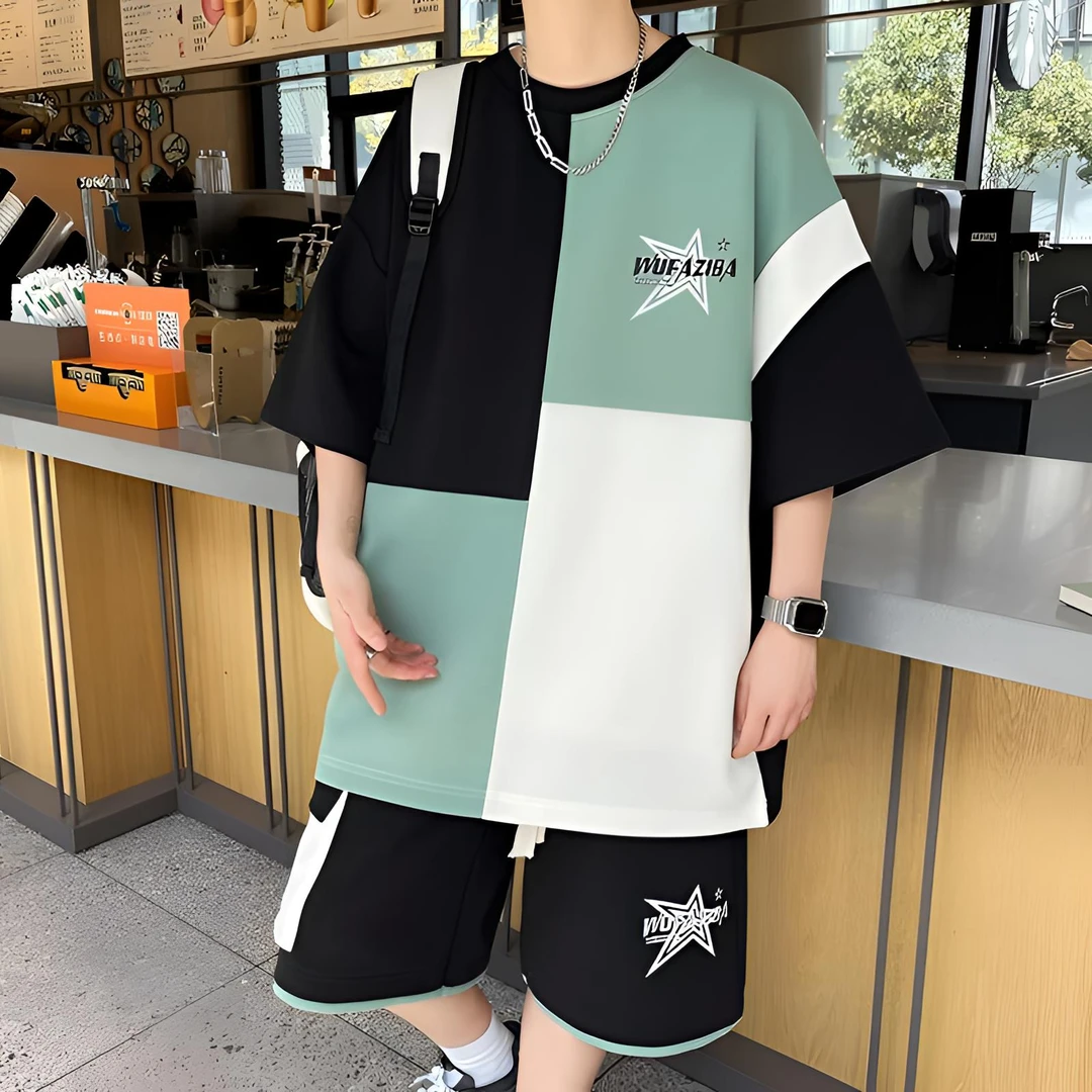 2025新款短裤套装男夏季潮流休闲宽松撞色拼接印花直筒港风五分裤