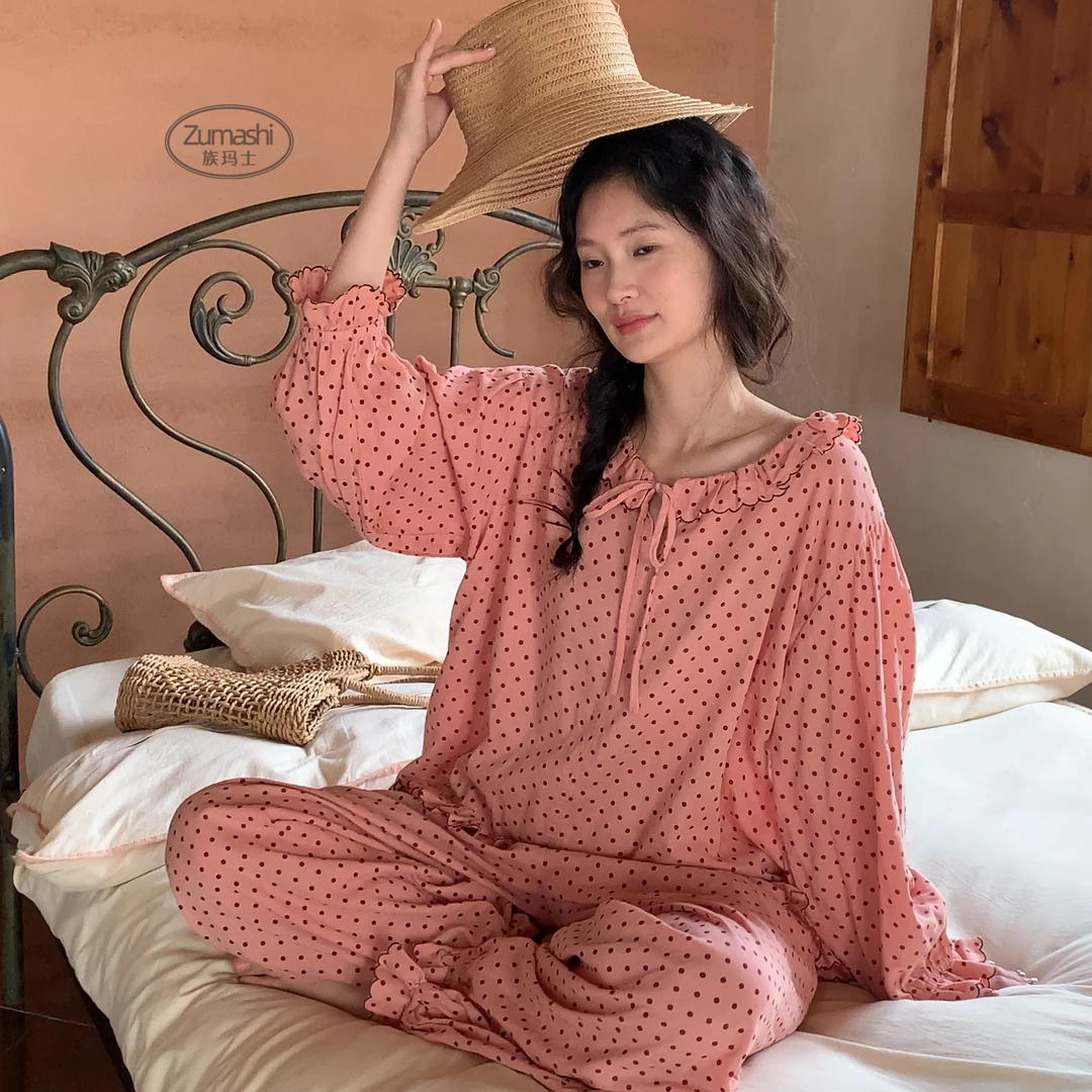 族玛士睡衣女春秋季秋天纯棉纱布长袖大码韩版甜美全棉家居服套装