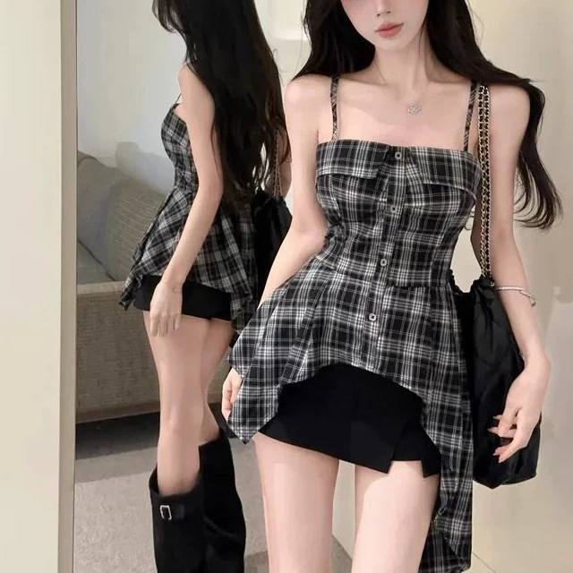 不规则格子吊带背女夏季外穿海边绝美小众泰式独特一字肩抹胸上衣