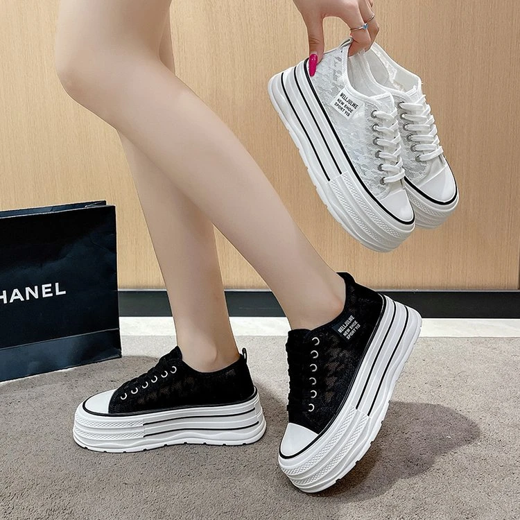 2025夏季镂空百搭蕾丝透气增高帆布鞋厚底帆布鞋板鞋单鞋