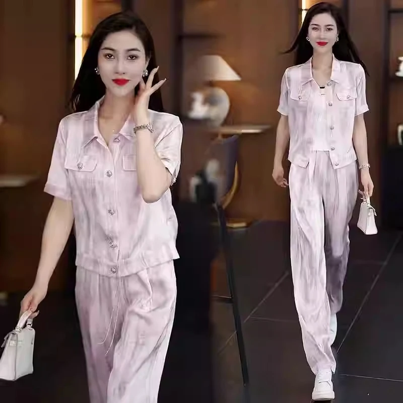 La babite时尚套装女2025年夏新款显瘦薄短袖上衣阔腿裤两件套女