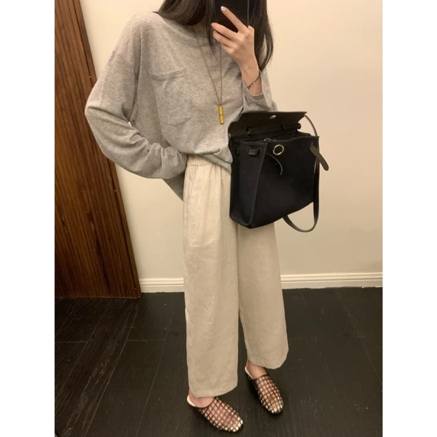 大小姐77 100亚麻氧气源麻系列！慵懒老钱九分松紧腰直筒裤阔腿裤