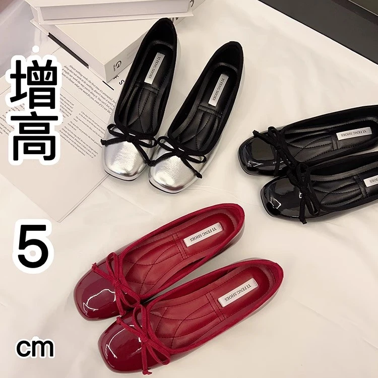 小个子内增高5cm方头芭蕾单鞋女新款浅口蝴蝶结配裙子玛丽珍鞋