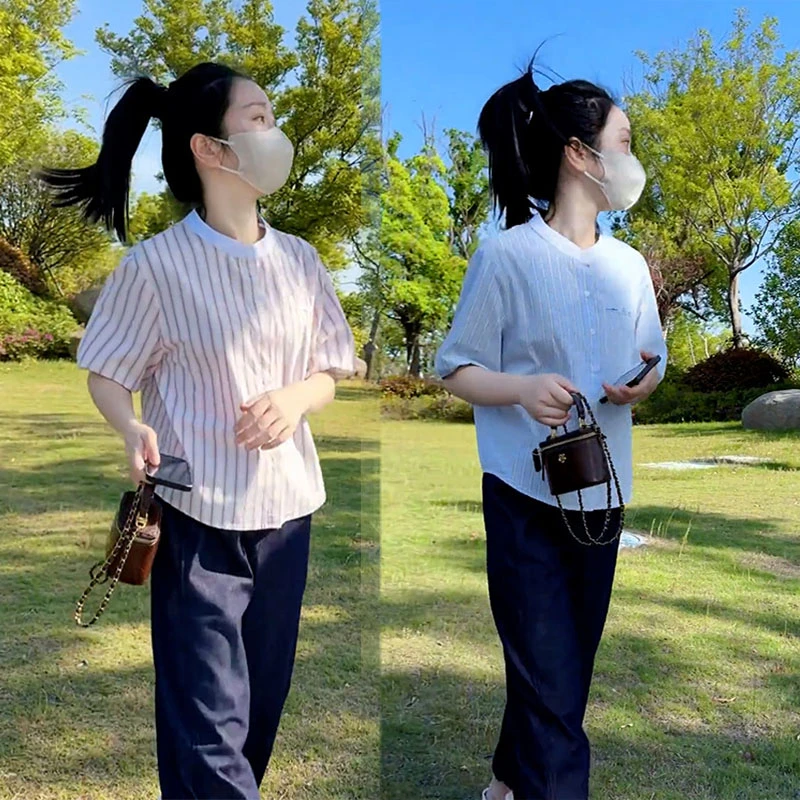 短袖条纹衬衫上衣薄款夏季2025新款宽松休闲高级感小个子衬衫小衫