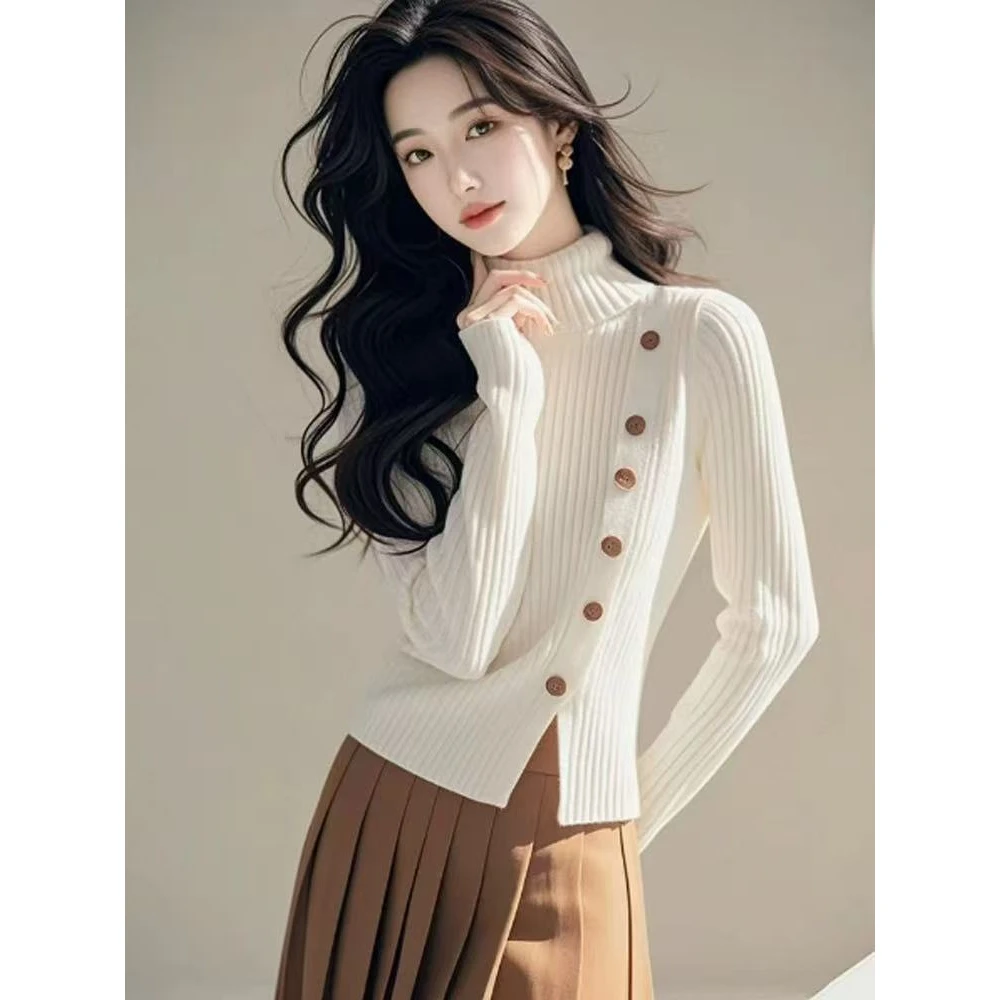 韩系chic白色奶fufu高领小开叉针织女秋冬季时尚小众别致上衣