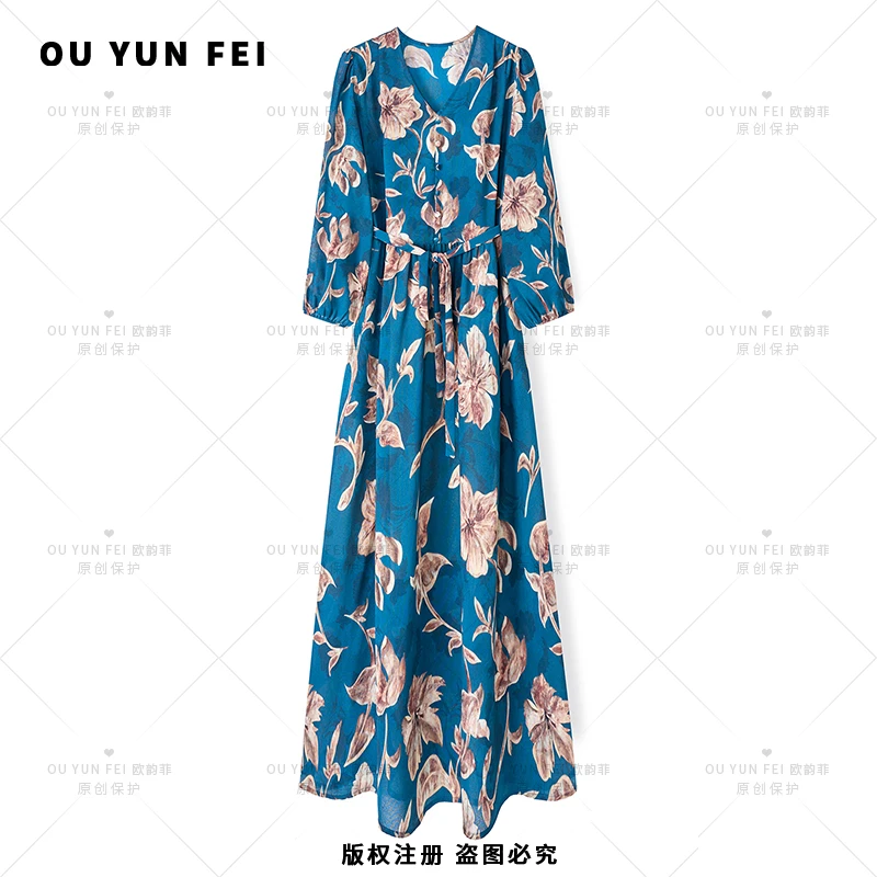 高级感连衣裙女新款气质显瘦穿搭时尚洋气印花长裙F1712