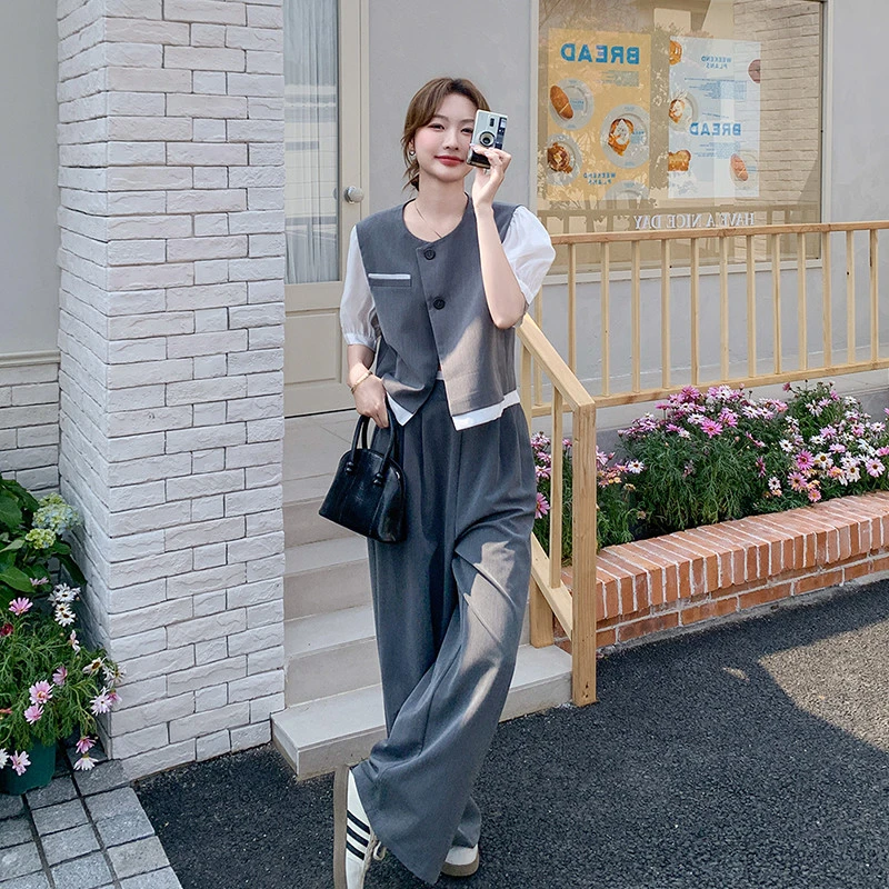 夏季韩版气质西装百搭套装女高级感休闲高腰垂感阔腿裤子两件套