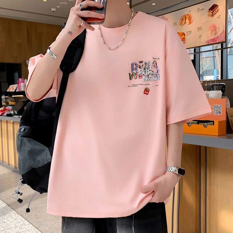 夏季新款青少年小众字母印花圆领T恤学生男休闲宽松潮流百搭