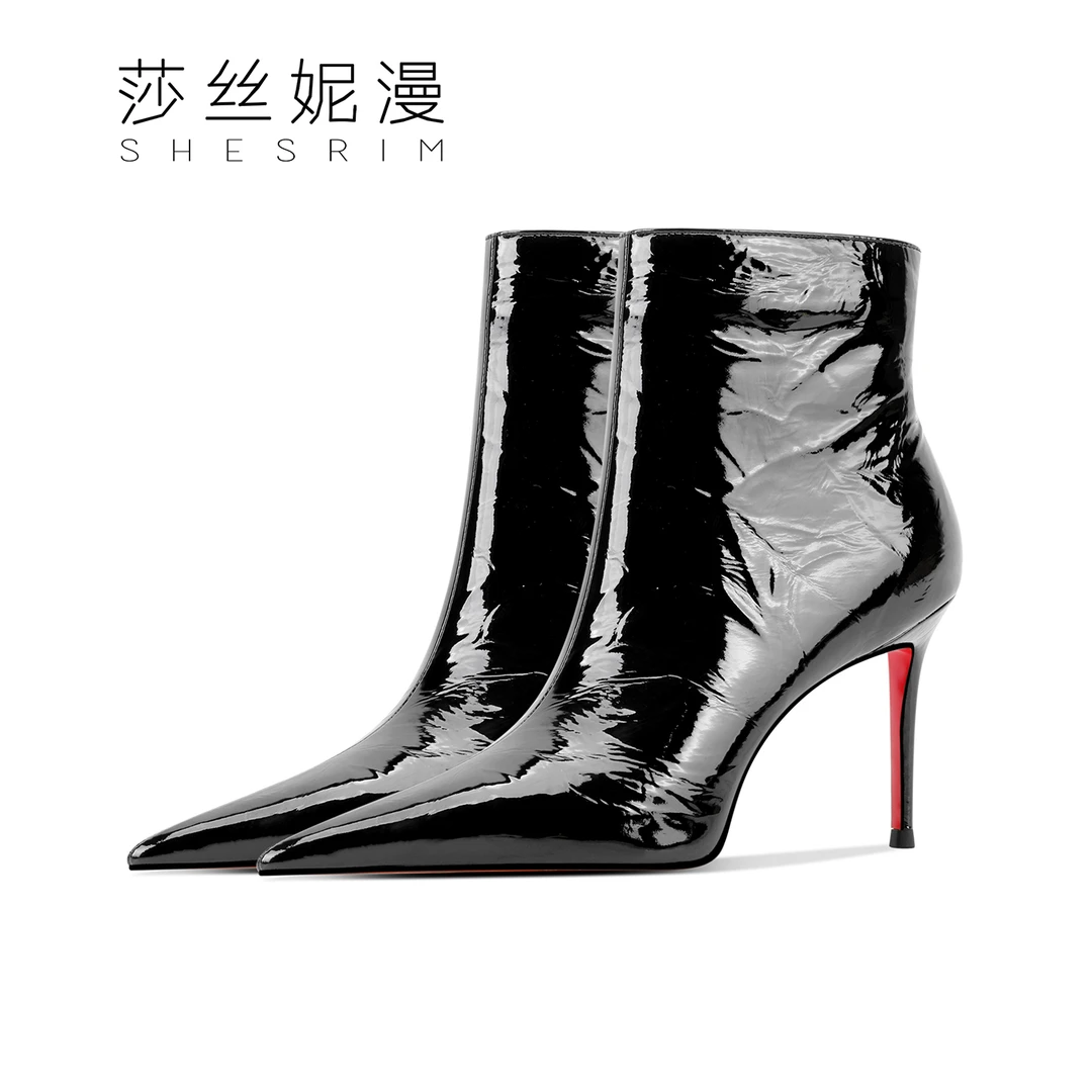 【宝石红底】秋冬红底亮光高跟尖头靴短靴气质尖头黑色时尚细跟冬季