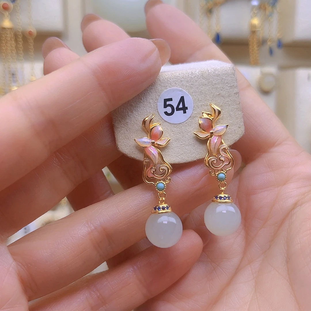 和田玉银S925镀金镶嵌耳饰