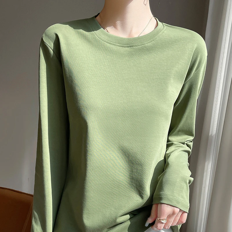 丝光棉长袖t恤女2025年春秋季宽松圆领白色打底衫内搭纯色新疆棉