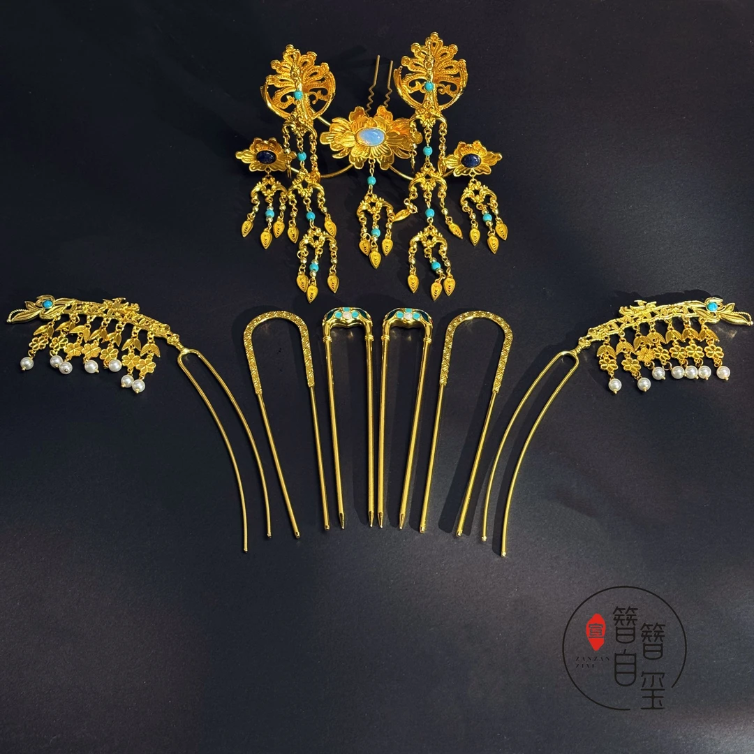 簪簪自玺汉服唐风纯铜镀金铜合金仕女图发冠古装造型发钗