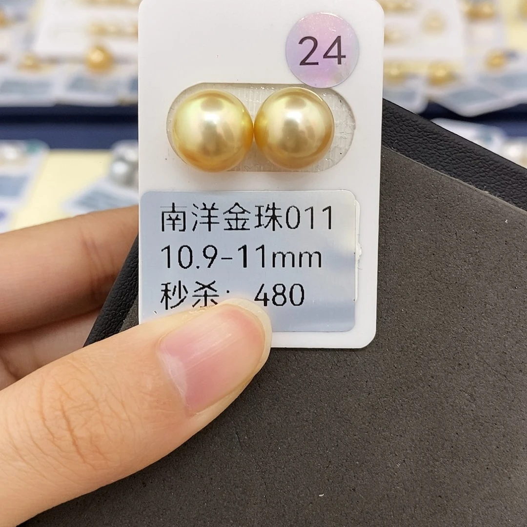 未镶嵌海水珍珠耳饰10.9-11mm金珠对珠（无鉴赏）