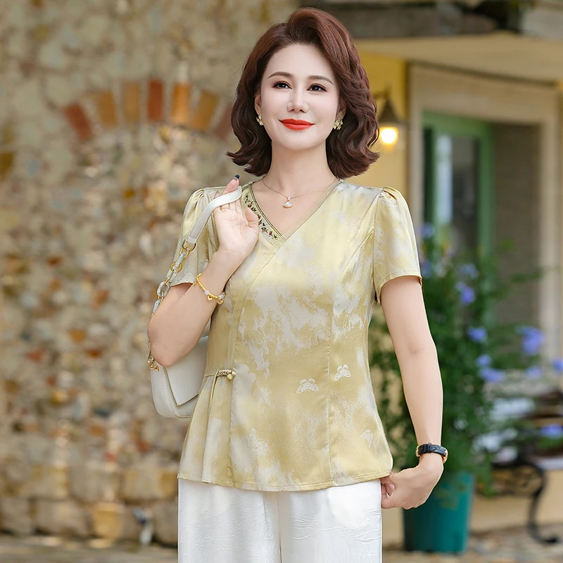 罗蒙妈妈夏装套装新中式国风上衣新款衬衫中年女装夏季雪纺小衫女