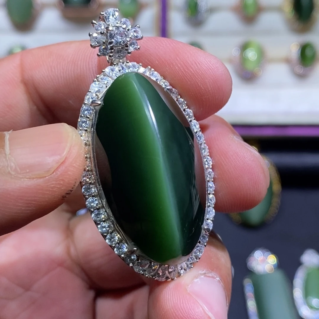 和田玉（碧玉）银S925镶嵌吊坠(不含链)百****菊