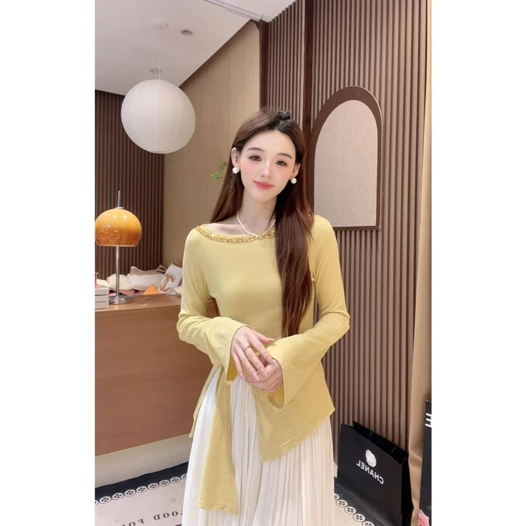 法式高级感亮片绑带一字肩上衣女2025春季新款长袖T恤设计感小众