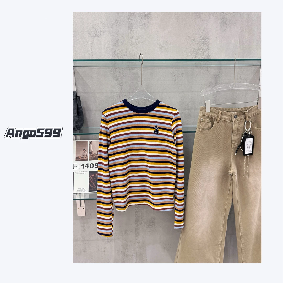 彩条米奇* 客供订单复古时尚撞色条纹百搭针织打底长袖T