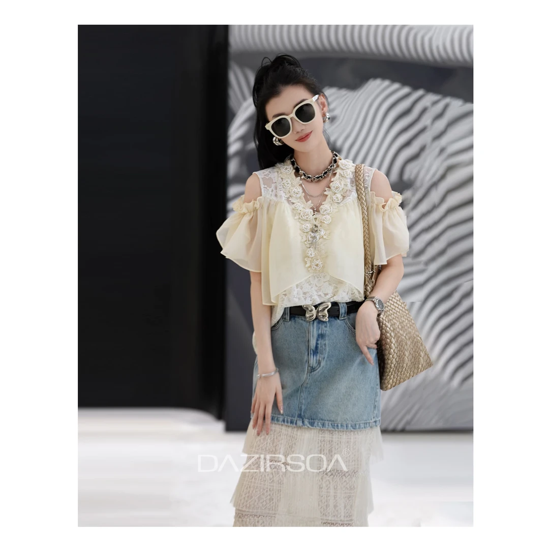 “流动盛宴”时尚百搭玫瑰花洋气露肩镂空T恤 Y850