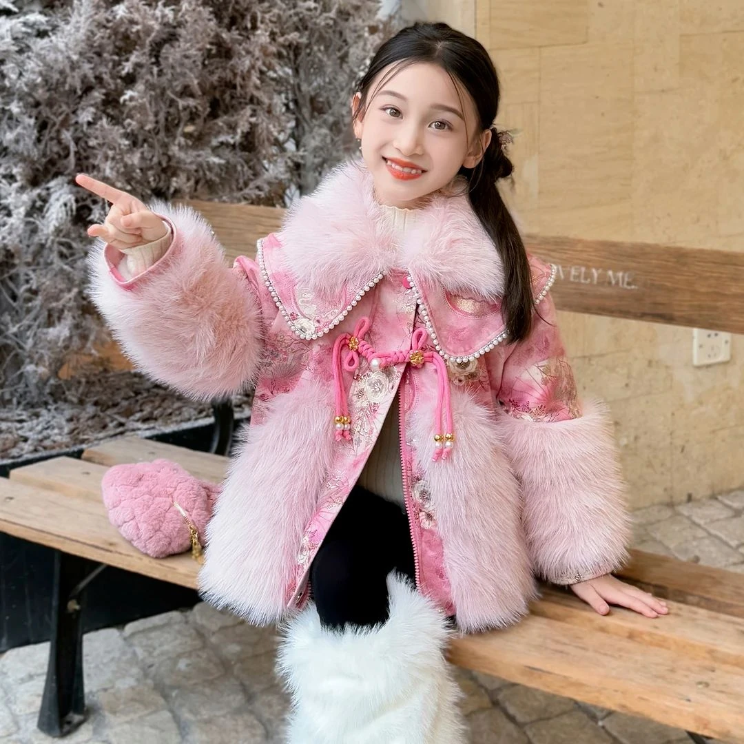 女童加绒仿皮草国风外套秋冬款2025新款儿童加厚上衣洋气女孩冬装