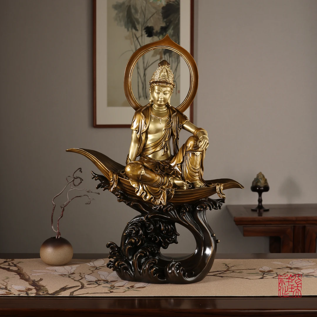 八瑞祥黄铜观音摆件【一叶观音】佛像家用供奉客厅玄关办公室装饰品