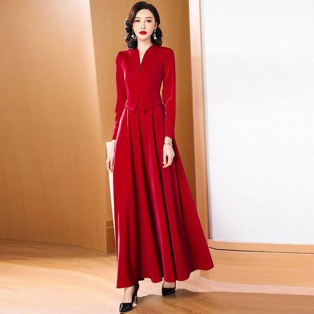 时尚酒红色连衣裙大摆两件气质v女装修身2025新款领春秋显瘦假裙