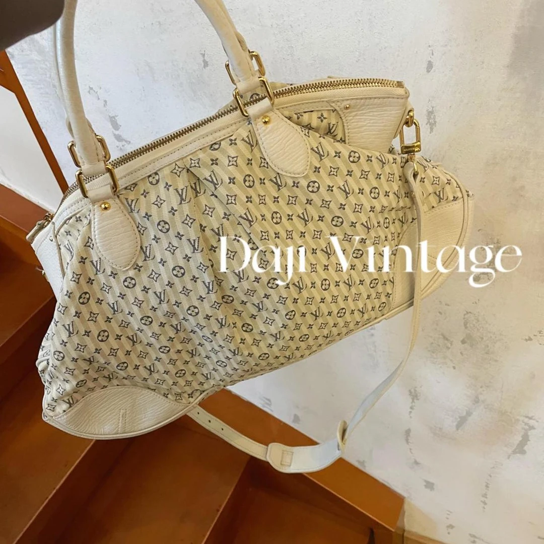 95新 LouisVuitton/路易威登 大吉中古/Lv条纹丹宁饺子手提斜挎包