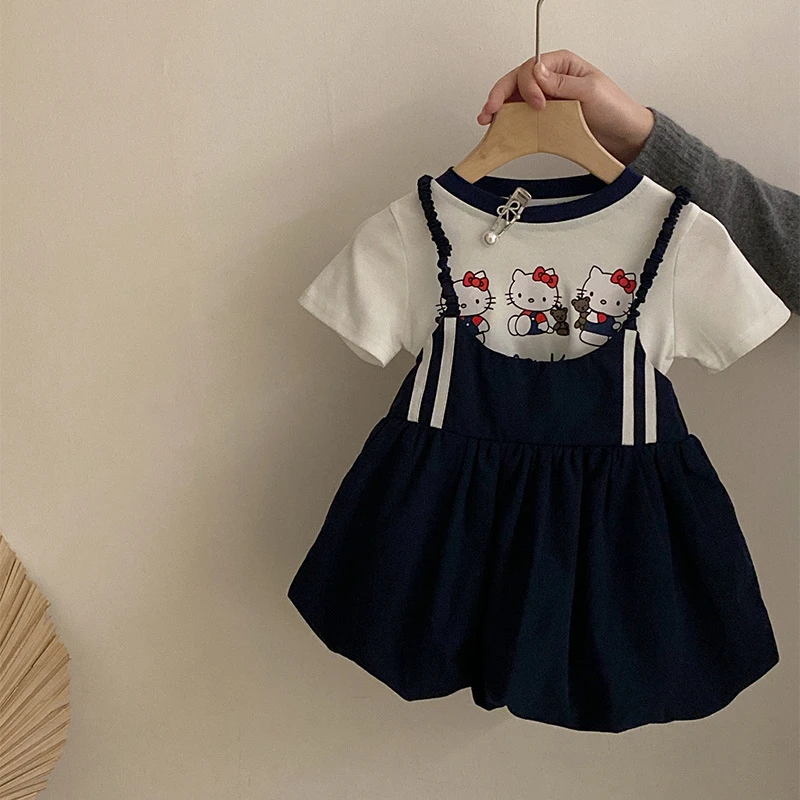 R25137女童韩版夏季新可爱猫咪短袖百搭吊带条纹蓬蓬吊带裙两件套