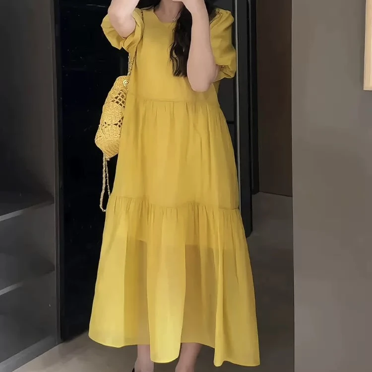 【落日黄】法式温柔风黄色泡泡袖连衣裙夏季新款独特好看