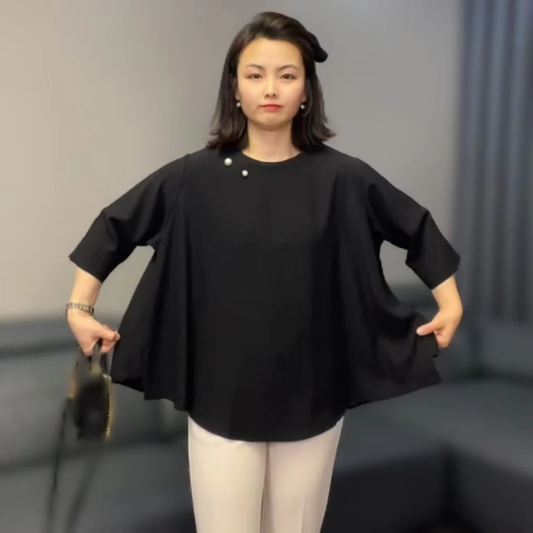 【香香优选】韩国圆领雪纺衫新款女士时尚高端上档次遮肉大码设计师