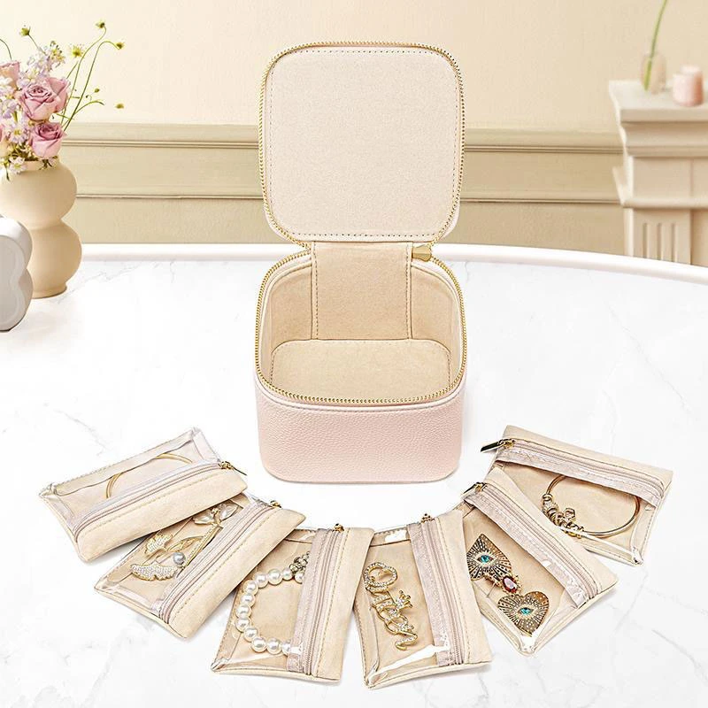 首饰收纳盒旅行便携珠宝分装袋耳钉耳环高级防尘袋皮革戒指手链盒