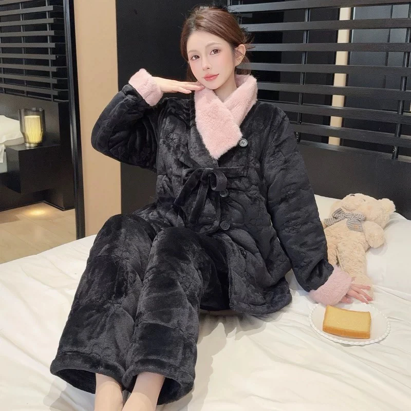 黑色三层夹棉睡衣女冬季2025新款加厚保暖加绒中式轻奢家居服套装