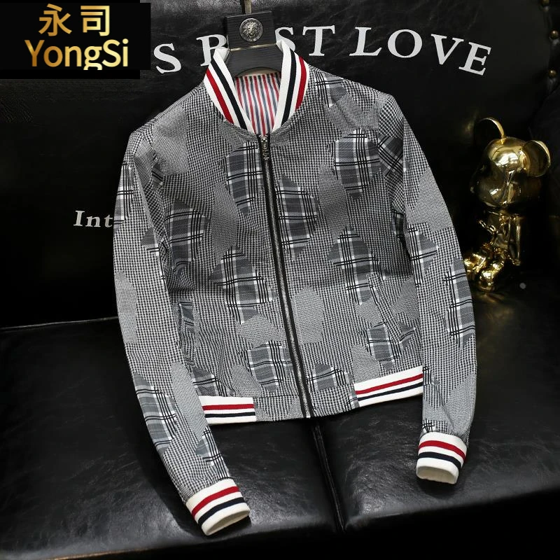 欧洲站夹克男士青年修身千鸟格印花外套春秋大码男装痞帅高端衣服