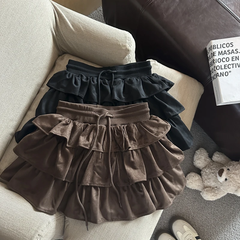 臻淇秋冬松紧腰荷叶边麂皮绒a字短裙蛋糕裙女黑色洋气百搭显瘦