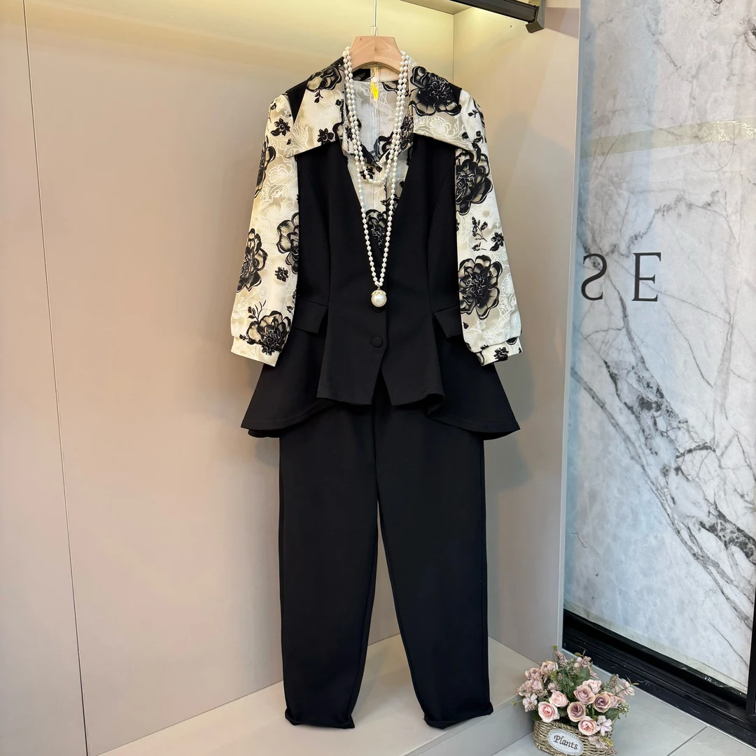 大码女装夏新款时尚套装女韩版洋气拼接不规则马甲百搭显瘦套装