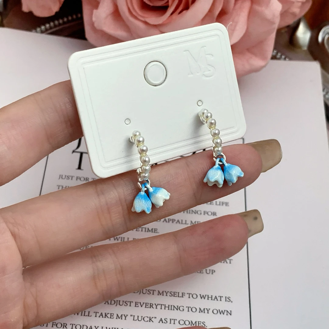 铜合金耳饰 满满耳环 法式铃兰花蓝风铃珍珠耳环甜美高级感耳饰