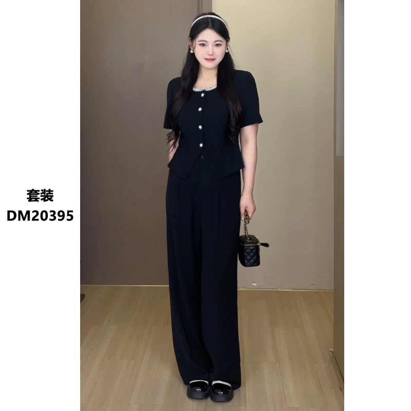 YL DM20395蛋妹大码女夏季胖mm黑色气质千金小香风时尚显瘦套装