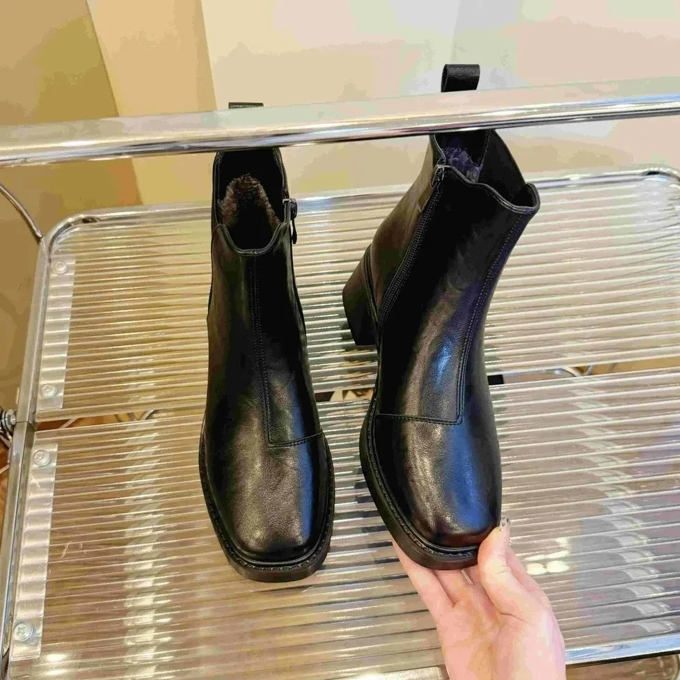 私人定制马丁靴真皮秋冬女士短筒靴英伦风百搭单靴方头侧拉链6089