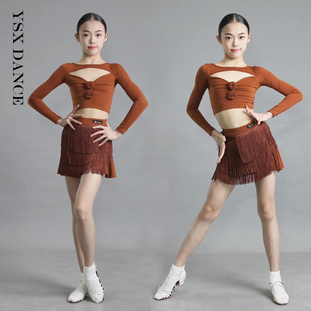 YSX DANCE新款儿童拉丁舞表演服练习服手工卷花流苏套装送发带