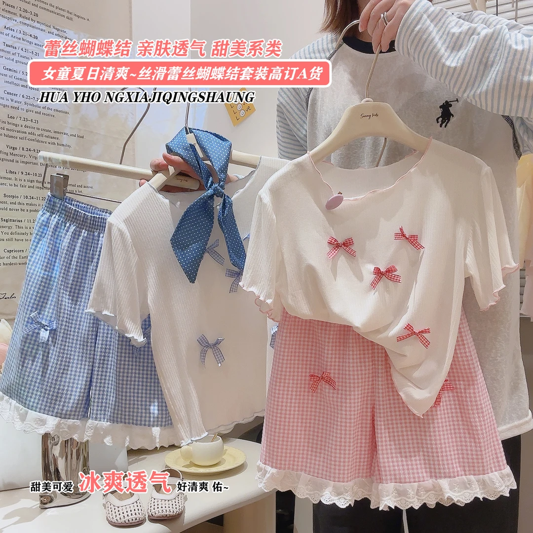女夏季卡通蝴蝶结套头纯色女童套装ins甜美日系夏季少女