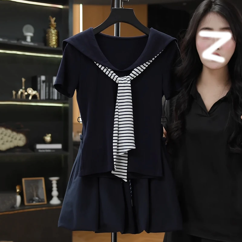韩系海军领撞色条纹上衣半身裙套装夏季新款设计感时尚洋气两件套