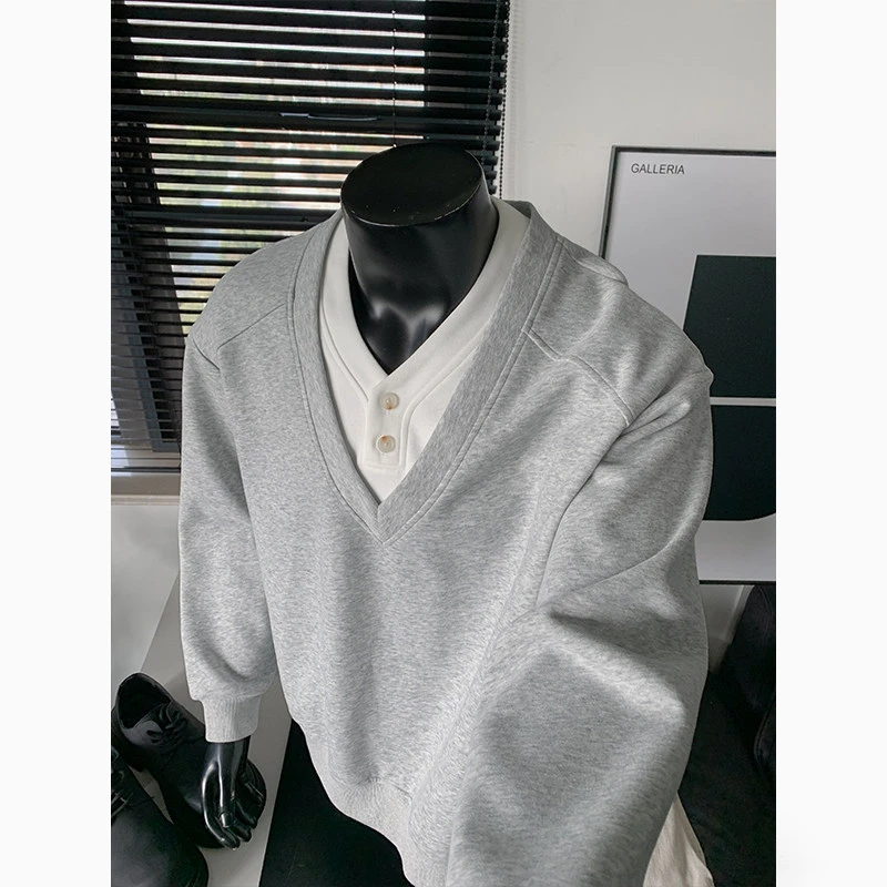 韩版cleanfit美式复古V领开衫卫衣男女春秋假两件慵懒风宽松上衣