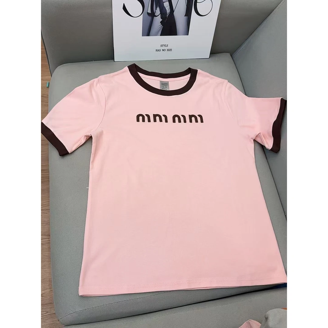 夏季新款字母绣花撞色圆领短袖t恤上衣简约百搭小个子女24021