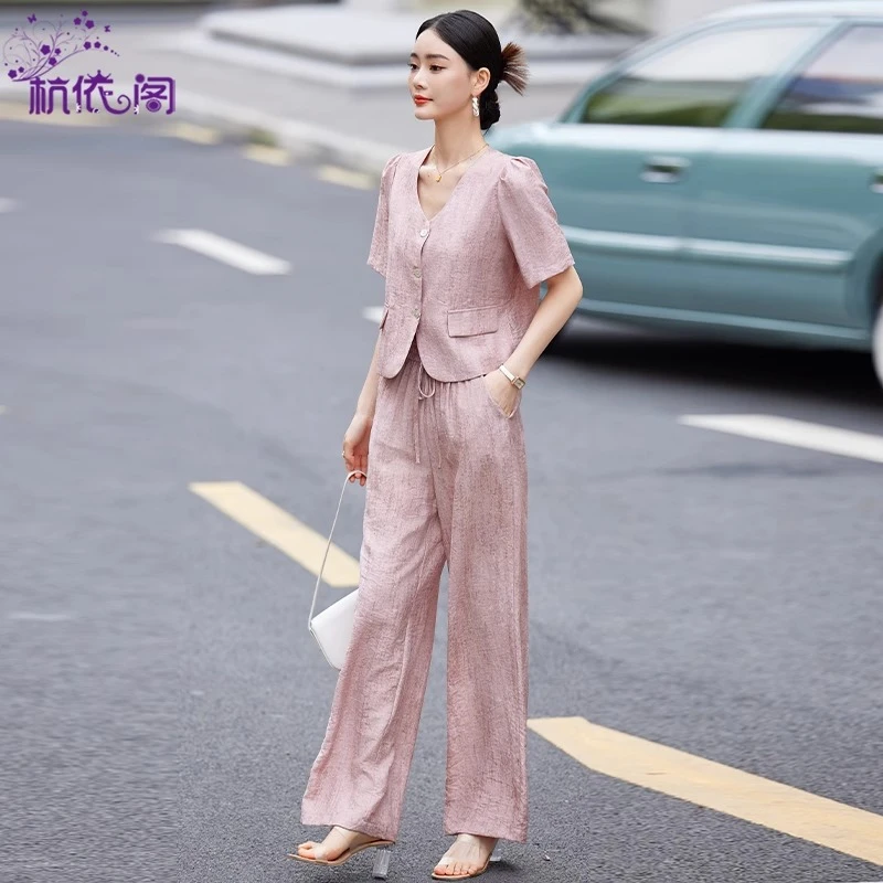夏季套装女2025新款高级感时尚休闲洋气减龄短袖上衣阔腿裤两件套