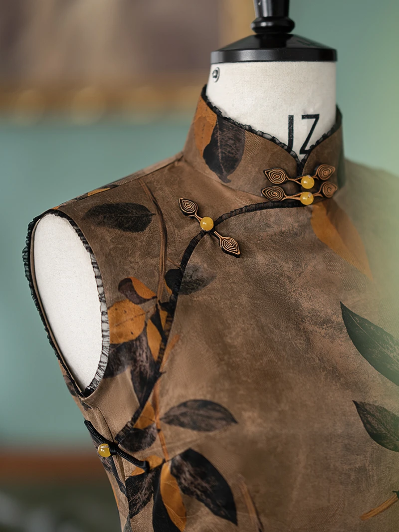 锦秋 中国风日常长款古法平裁红云纱罗高端传统手工旗袍