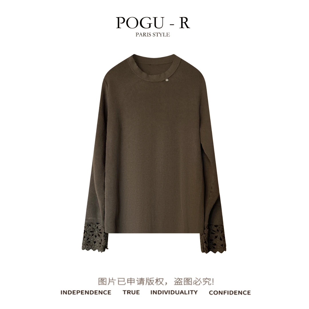 【PoGu】新款羊毛简约圆领百搭镂空钩花袖口针织长袖上衣SY-1001