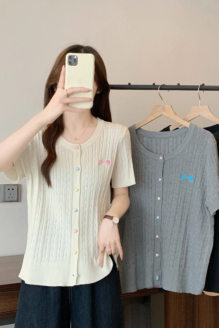 4153大码女装2025夏季新款多巴胺蝴蝶结显瘦胖mm针织短袖上衣百搭