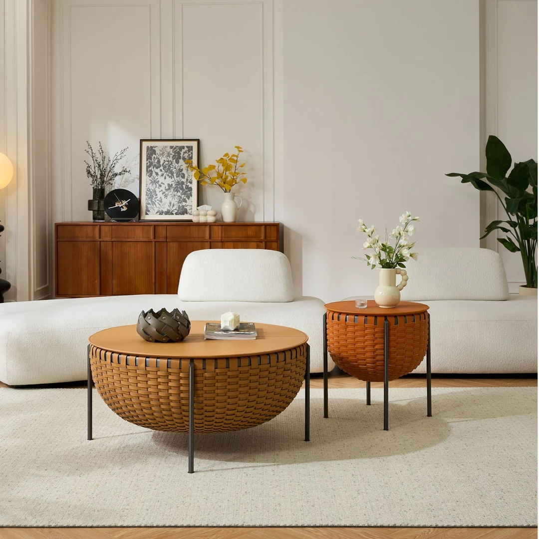 PF意式极简沙发茶几马鞍皮编织收纳茶几极简风茶几康纳利沙发专用