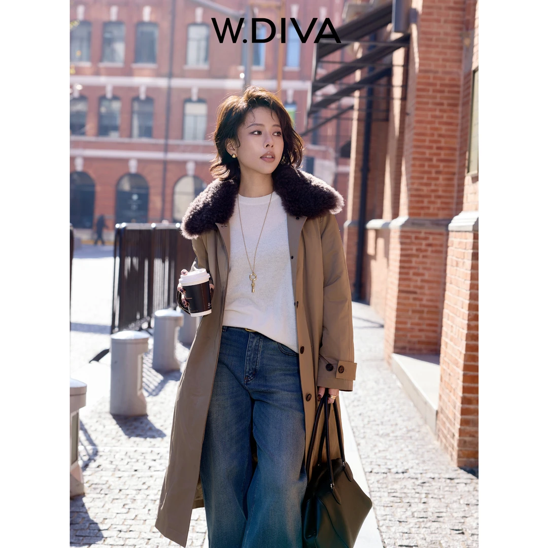 W.Diva【冬日恋岛】山羊绒领拼接中长款派克服鹅绒羽绒服54C303441